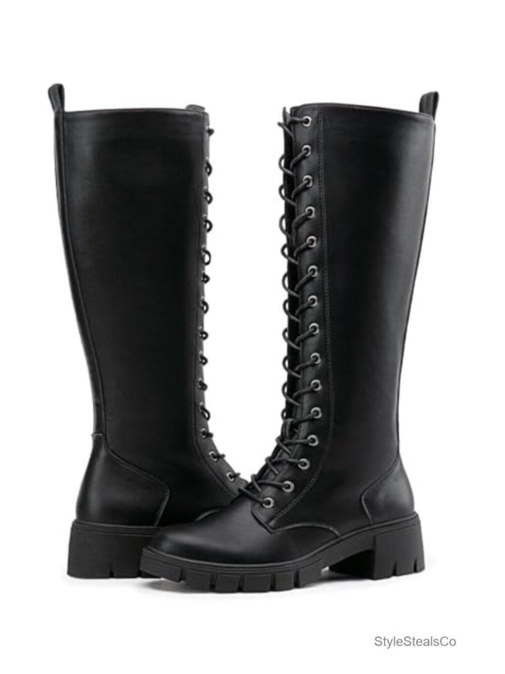 Womens Lace Up Platform Chunky Heel Knee High Combat Boots Faux Leather